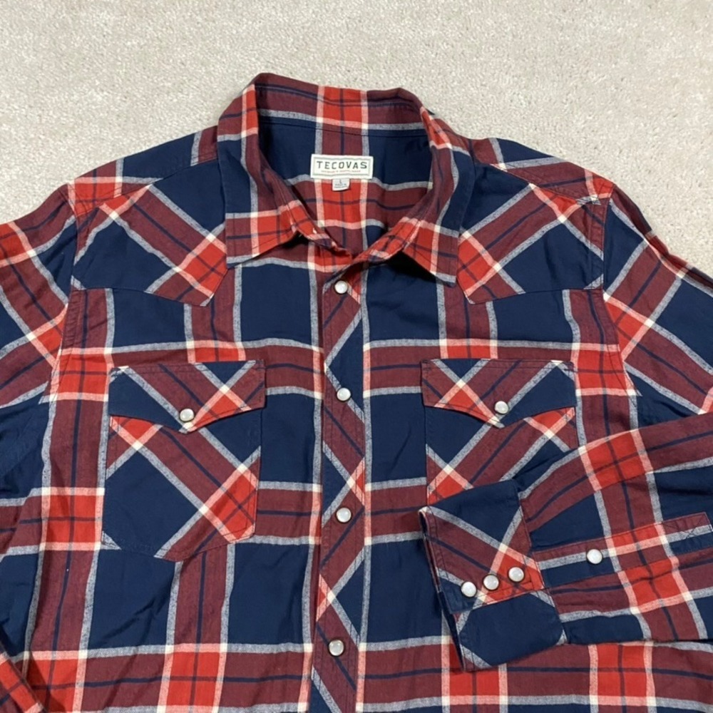 Tecovas Pearl Snap Shirt Mens L Red Navy Blue Plaid Western Cowboy Cotton